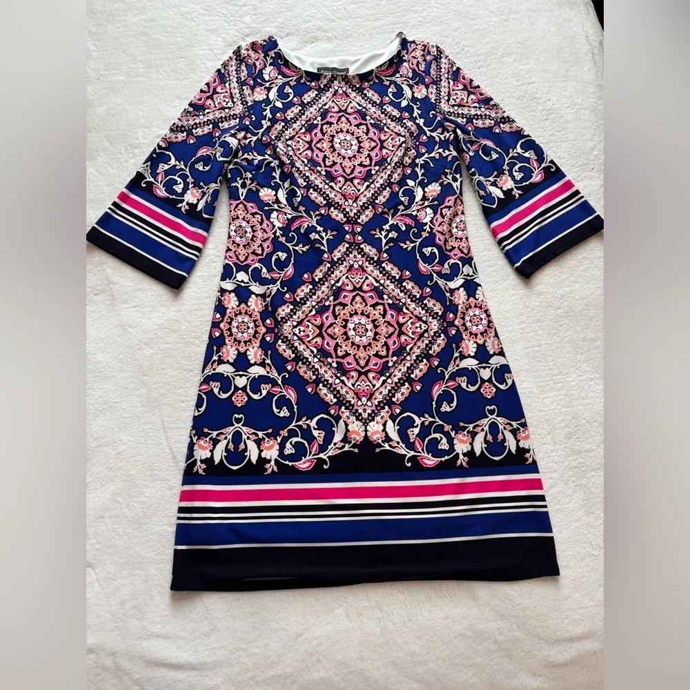 Jessica Howard Elegant Navy and Pink Patterned Shift Dress - Size 8 - Picture 2 of 12